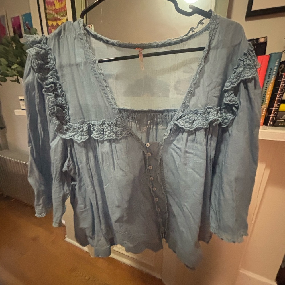 Free People Light Blue Ruffled Blouse